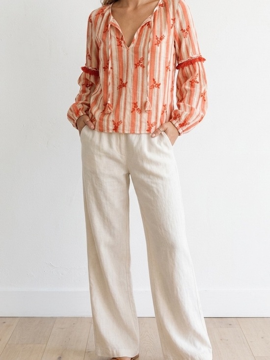 Misa Los Angeles Tops - Misa Los Angeles Red & Cream Striped Embroidered Peasant Blouse